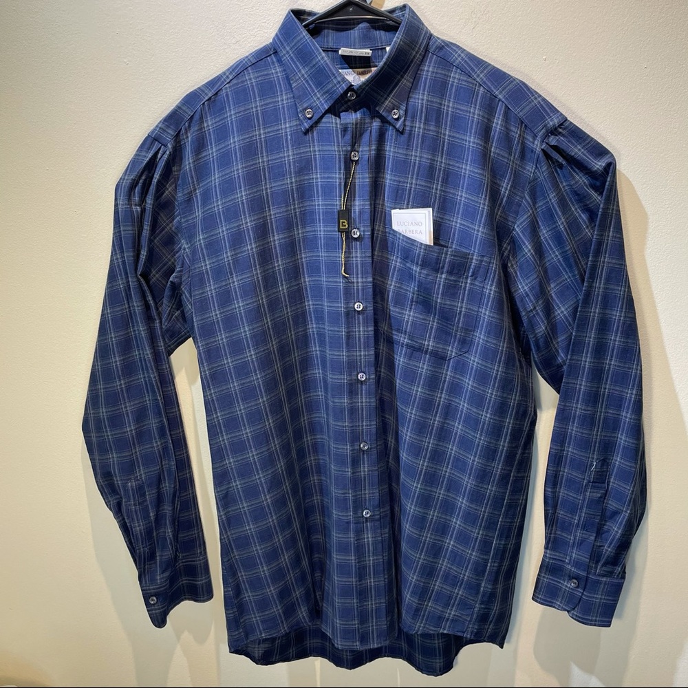 Luciano Barbera NWT Button Up Sport Shirt Size M In Blue Tan Plaid Flannel Look